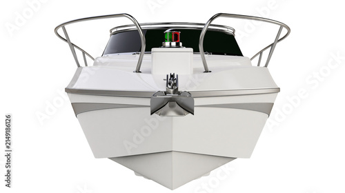 Fotografie White motorboat bow with chrome railings and anchor
