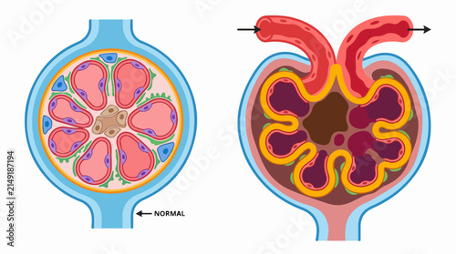 Normal and Diseased Glomerulus Comparison Vector Illustration