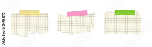 Photography Set of realistic torn graph notebook papers with colorful masking tape isolated on white background