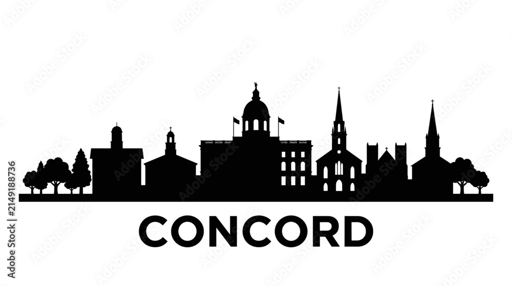 Fototapeta premium Concord New Hampshire city skyline vector silhouette featuring state house dome historic spires and downtown buildings