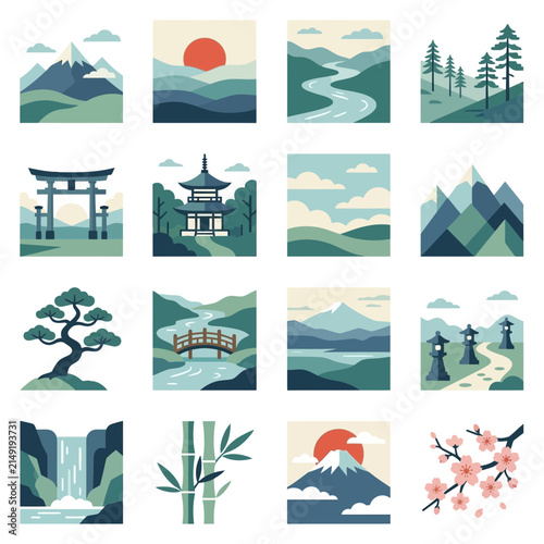 Stylized Japanese landscape icons showcase traditional elements like Mount Fuji, torii gates, pagodas, rivers, and cherry blossoms in a muted color scheme.
