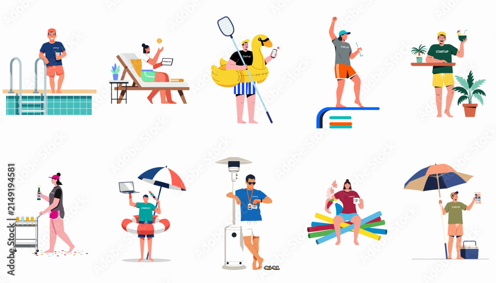 Fototapeta premium A Highly Detailed Set of Vector Illustrations Featuring People Enjoying Summer Pool Activities, Working Remotely, Lounging on Sunbeds, and Drinking Cocktails at a Tropical Beach Resort Destination