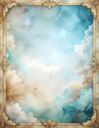 Serene sky with soft clouds and golden sunbeams in artistic frame.