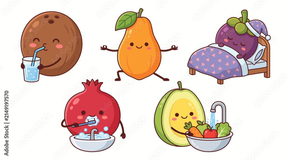 Fototapeta premium Cartoon Fruit Characters Personal Hygiene and Wellness for Kids