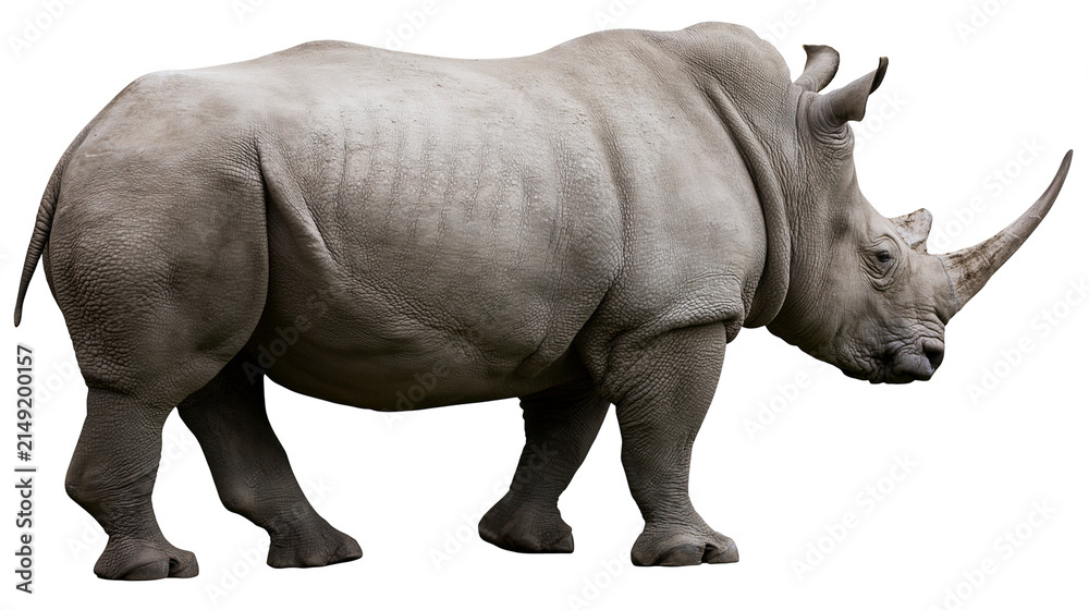 Naklejka premium White rhinoceros with large horn side view, full body