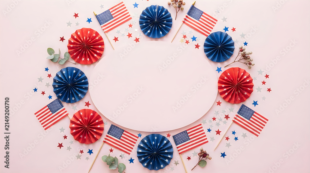 Obraz premium Festive fourth of july background featuring red white and blue paper fans and small american flags arranged in a circular frame on a pink surface