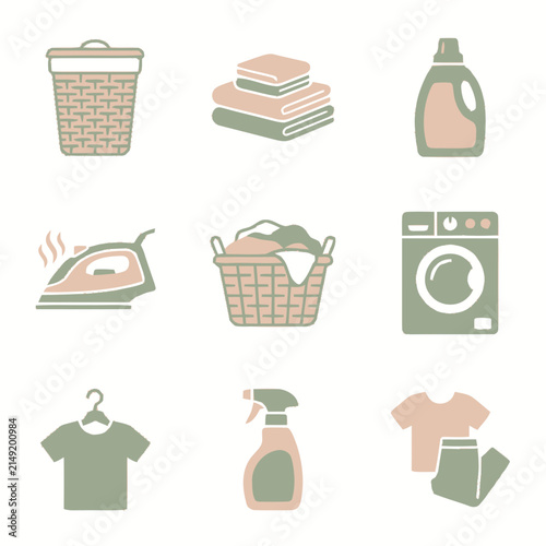 Set of Nine Pastel Laundry and Cleaning Icons.