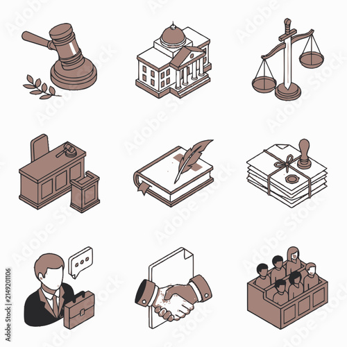 Set of Isometric Law and Justice Icons Illustrating Legal Concepts.