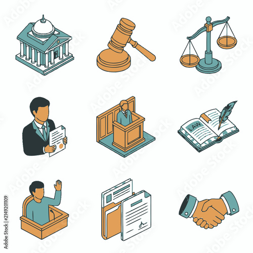 Set of Isometric Law and Legal System Icons.