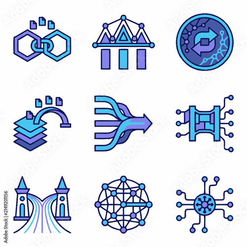 Set of abstract vector icons representing data flow and network connectivity.