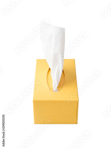 A bright yellow tissue box with white tissues emerging from the slot, presented cleanly PNG Isolated on transparent background