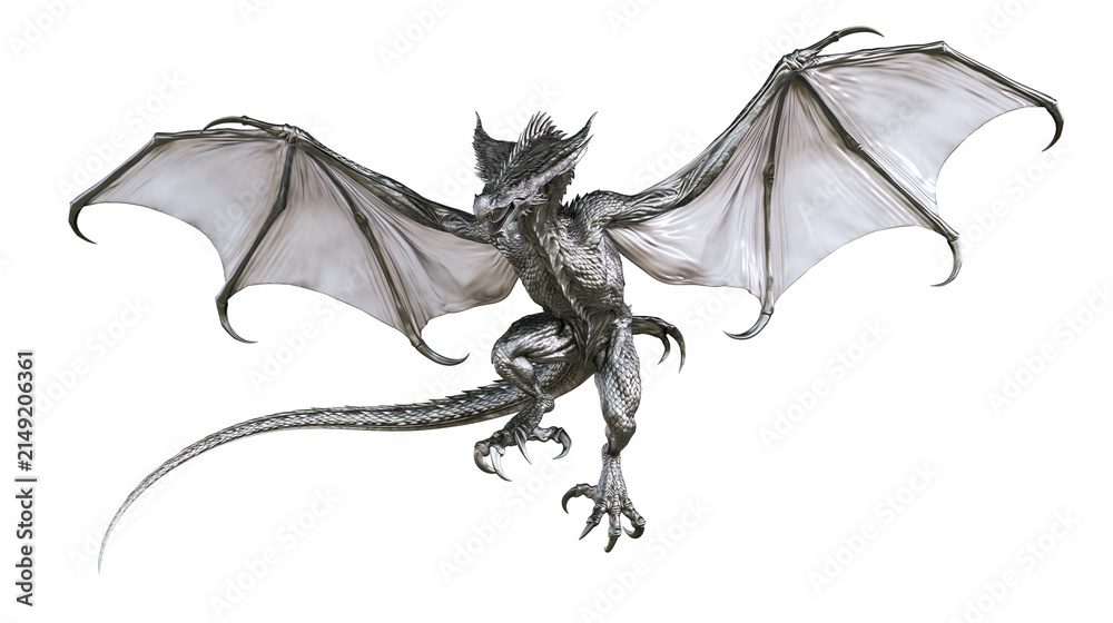 Fototapeta premium Gray dragon with large wings spread wide sharp claws, and long tail