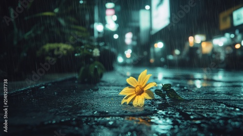 Solitary yellow flower on rain-soaked city street at night.