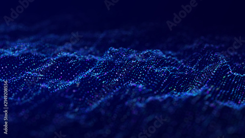 Blue particle data landscape on a dark background with glowing dotted waves, soft focus and deep digital depth. Abstract technology image for big data visualization, signal flow, analytics and futuris