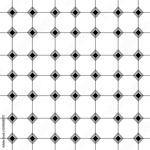 Seamless geometric pattern with black and white grid and diamond shapes.