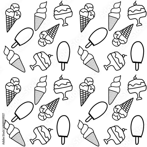 Seamless pattern with hand drawn ice cream line art doodles.