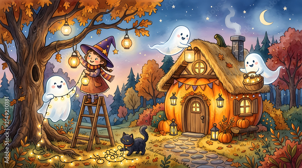 Fototapeta premium Whimsical Halloween Scene with a Little Witch and Friendly Ghosts