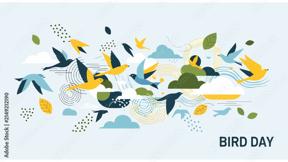 Obraz premium Colorful birds flying together in celebration of Bird Day.