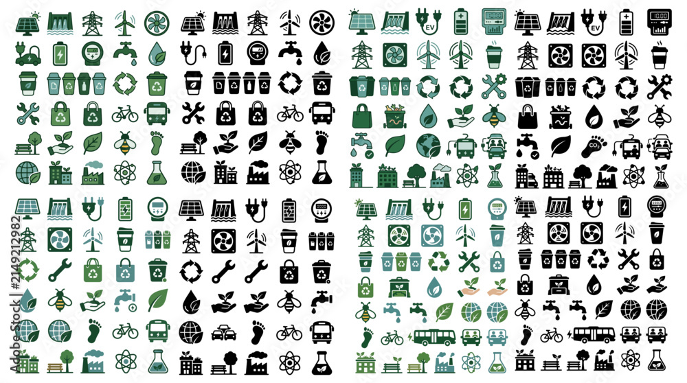 Fototapeta premium Eco And Sustainability Icon Set Featuring Renewable Energy, Recycling, Transport And Conservation Symbols 