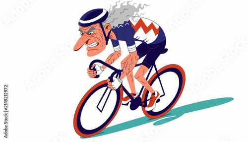 Cuadro en lienzo Bold clean caricature illustration of a wiry middle-aged road cyclist hunched lo