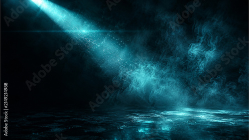Cinematic blue spotlight beam in dark smoky room, dramatic stage lighting with fog, mysterious studio background with lens flare