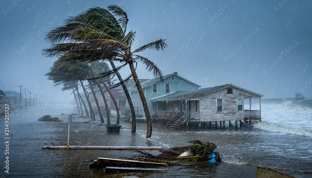 Fototapeta premium A dramatic, highcontrast shot of a hurricane striking a coastal town with no people. Powerful waves, driving rain, and bending palm trees evoke fear and climate change urgency. Atmospheric mood.