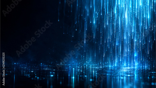 Futuristic blue light trails falling on dark surface, glowing digital rain background, abstract neon data stream wallpaper