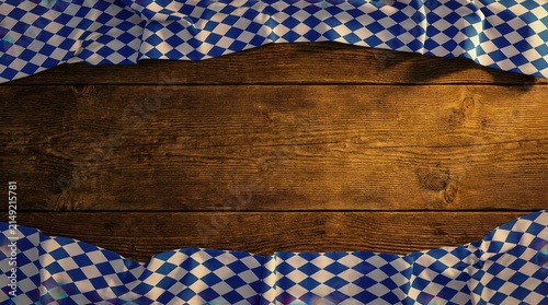 Rustic wooden table with blue checkered fabric border and copy space for oktoberfest design.