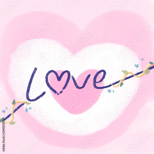 Handwritten love word with heart symbol and floral vine illustration