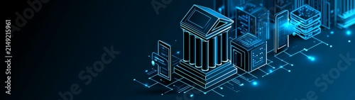Futuristic digital banking concept with a financial institution building and technology elements for fintech and regtech backgrounds