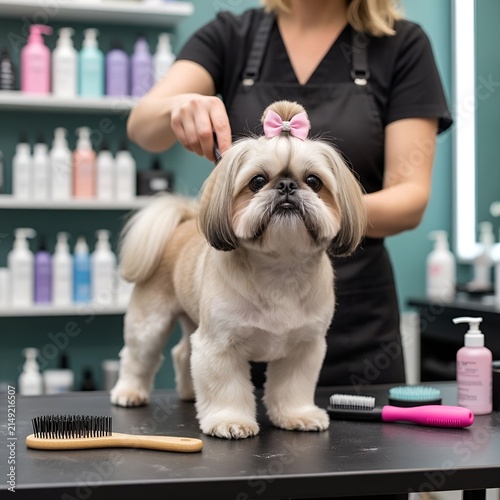 Dog being groomed by a stylist in a pet salon with grooming products  