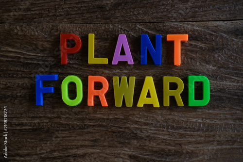Plant Forward Words Made from Colorful Plastic Alphabet Letters on Dark Textured Wooden Background with Copy Space