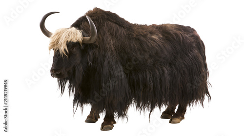 Fluffy dark brown yak with long hair and curved horns