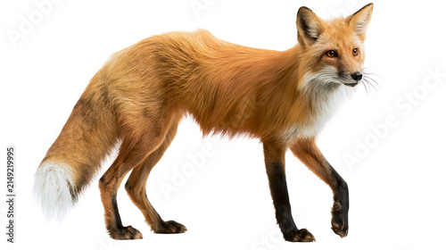 Fotografía Red fox walking with bushy tail and white chest