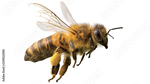 Honey bee with pollen on leg flying