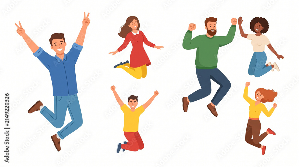 Fototapeta premium Cartoon illustration collection of diverse multiethnic people jumping for joy celebrating success and victory, isolated on white background