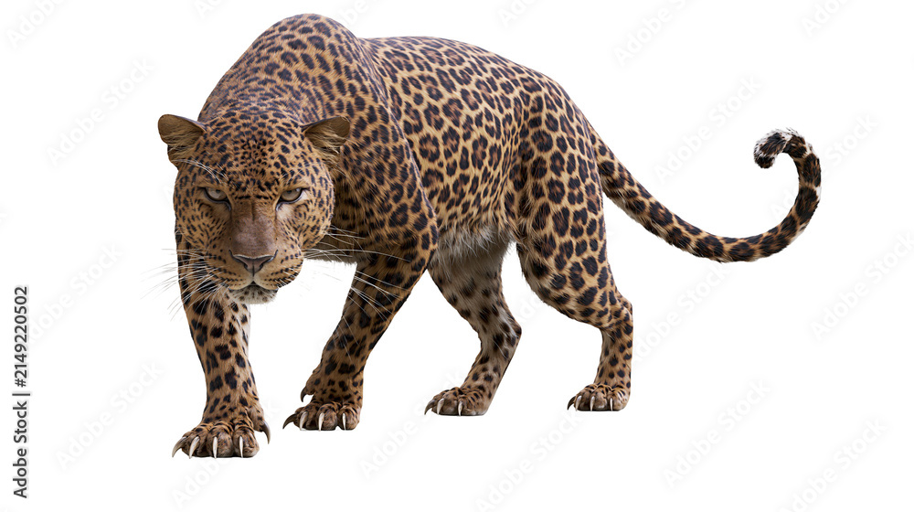 Naklejka premium Leopard walking forward full body detailed fur, white