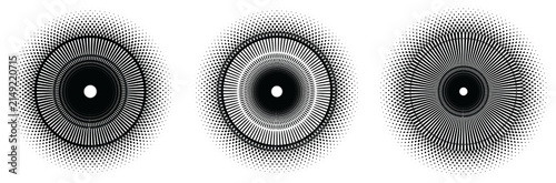 Abstract radial sunburst circles set with concentric line rings, halftone dot gradients and optical illusion vector illustration.