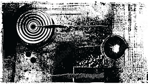 Abstract grunge distressed target background with retro halftone texture and urban ink splatter vector illustration.