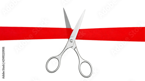 Scissors cutting red ribbon isolated on transparent background