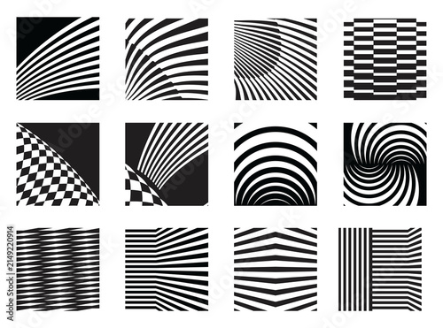 Minimalist black and white halftone texture and optical line art pattern vector collection.