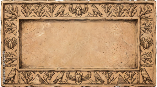 Rectangular Stone Frame with Ancient Egyptian Hieroglyphic Symbols and Ornate Borders