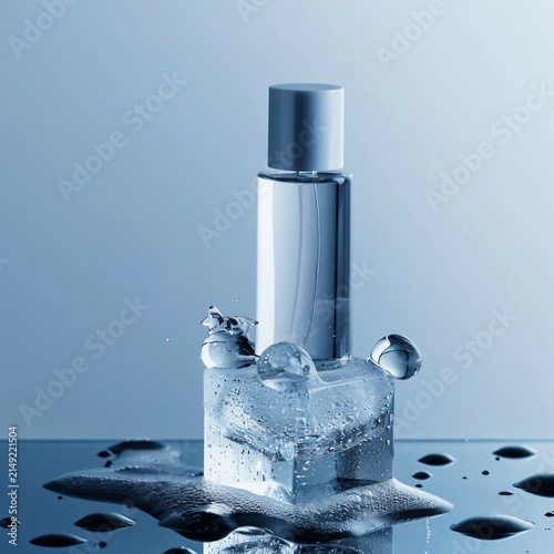 Frozen water cube with perfume bottle dripping elegant clear liquid drops on blue surface