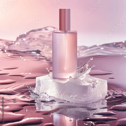 Luxurious Pink Perfume Bottle Floating on Ice Cube with Water Droplet Splash Effect