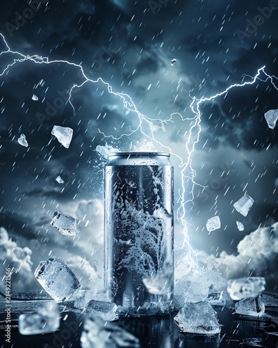Frozen energy drink can exploding with ice shards lightning storm dramatic effect