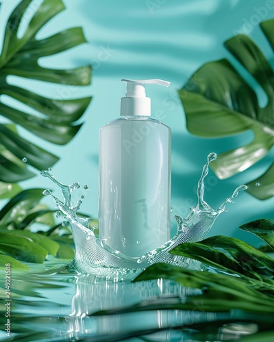 Hand Soap Dispenser Splashing Water Amidst Lush Green Tropical Leaves Natural Background
