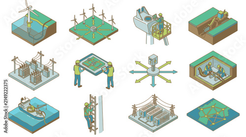 Obraz na plátne Technicians manage renewable energy systems and electrical infrastructure projects through detailed isometric diagrams showcasing power generation methods and specialized field maintenance operations