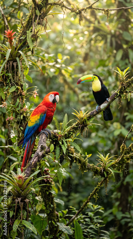 Obraz premium Colorful tropical birds perched among vibrant rainforest branches with soft morning light, exotic wildlife, rich biodiversity, sharp detail