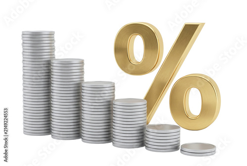 Fotografie Large golden percentage sign beside descending silver coin stacks