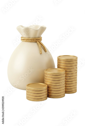 Beige money bag with three ascending stacks of gold coins